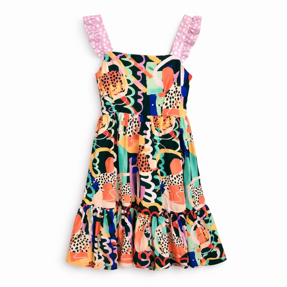 CROSBY by Mollie Burch Multicolor Abstract Midi Dress with Pink Straps